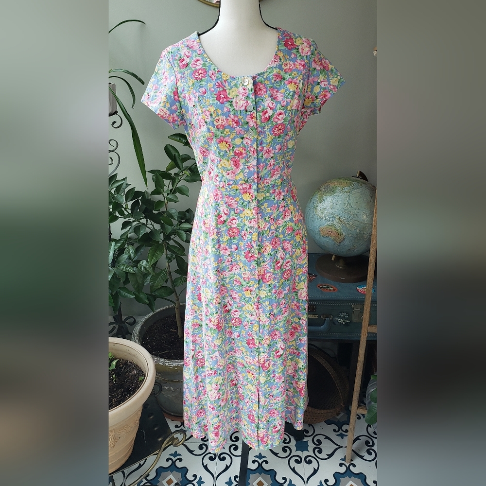 Vintage Cottagecore J.G. Hook Floral Print Short Sleeve A-Line Dress Size 8